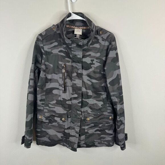 Knox‎ Rose Jacket Womens M Camo Gray Snap Buttons Zippers Fall - Picture 1 of 7